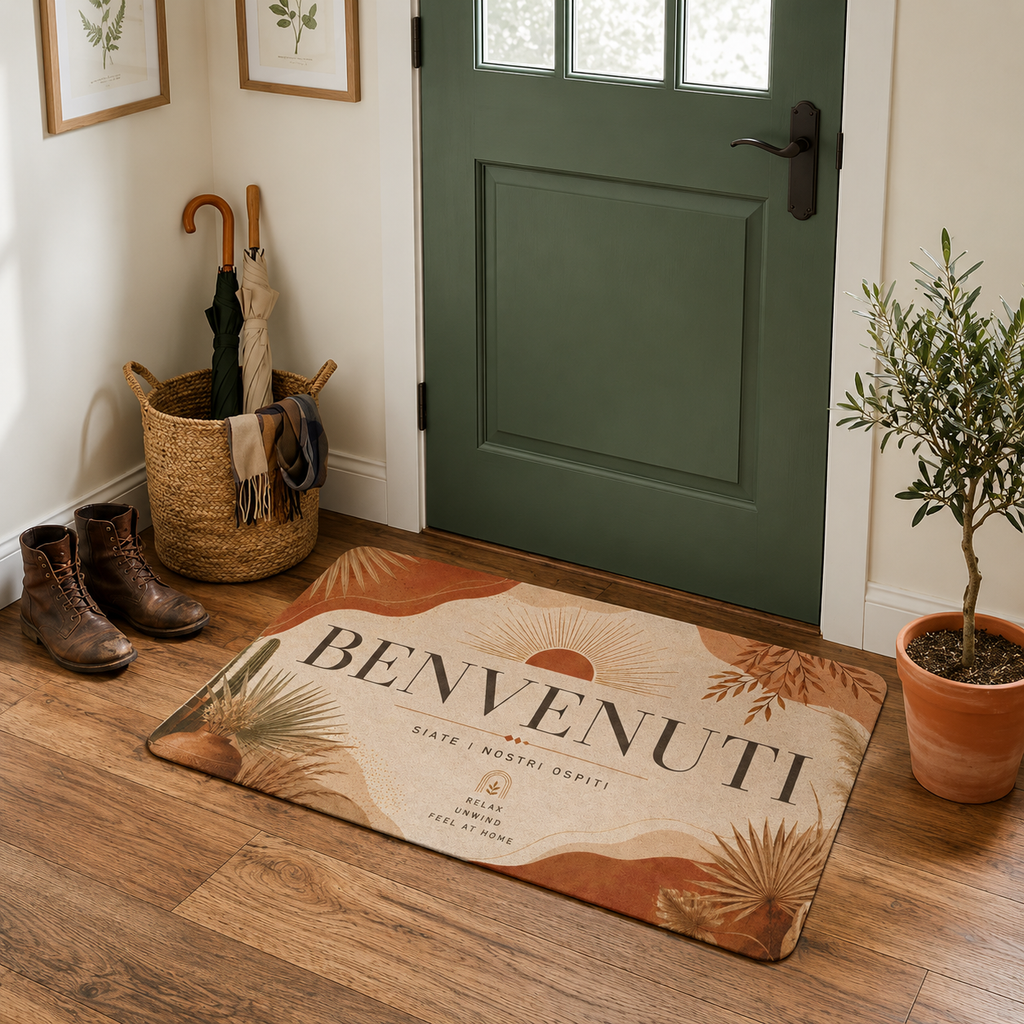 Benvenuti Welcome Doormat — Italian Greeting Entry Mat, Rustic Sunset Home Décor