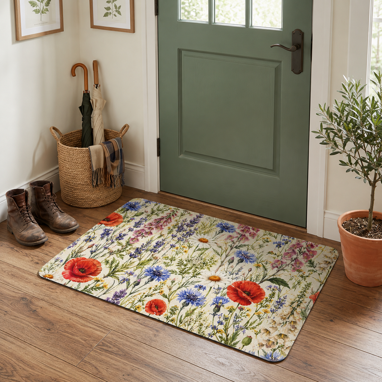 Wildflower Welcome Doormat — Floral Polyester Indoor Door Mat