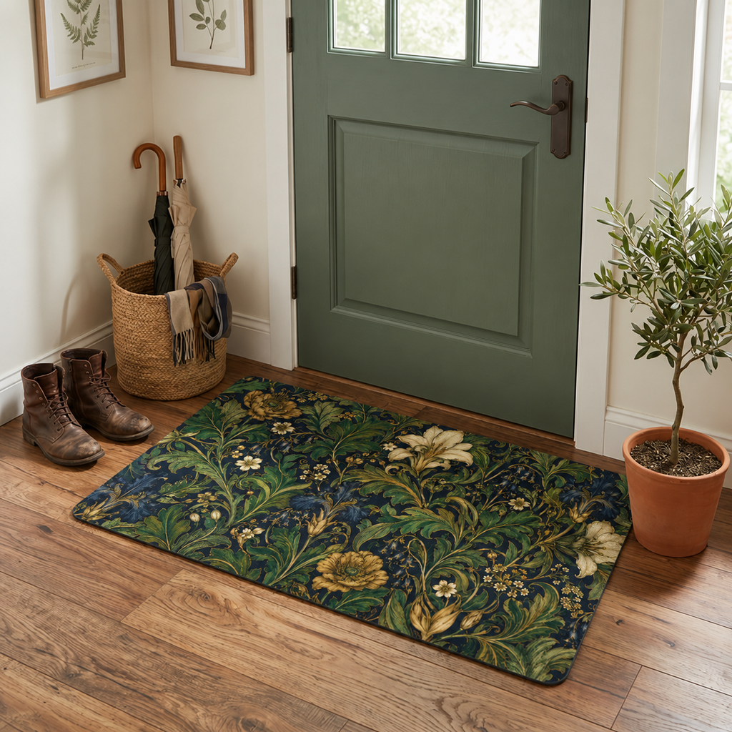 Vintage Botanical Doormat – Luxury Floral Entryway Rug in Rich Green & Gold